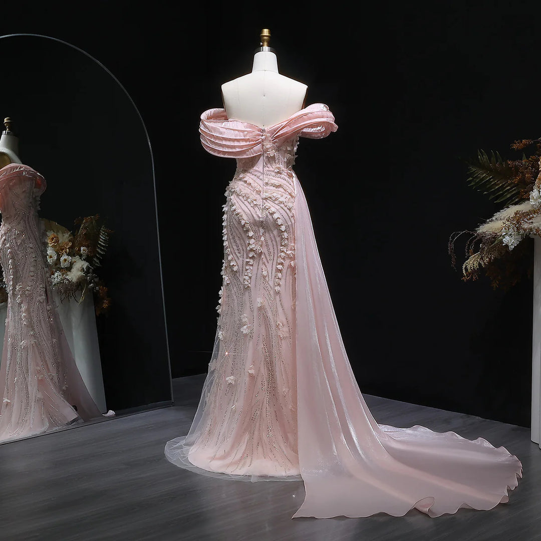 Elegant Pink Sequin 3D Floral Off Shoulder Evening Dress SS604