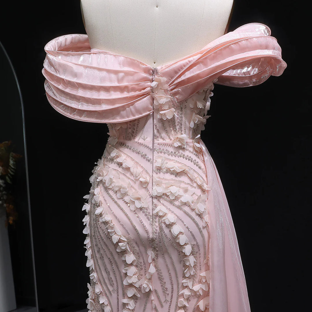 Elegant Pink Sequin 3D Floral Off Shoulder Evening Dress SS604