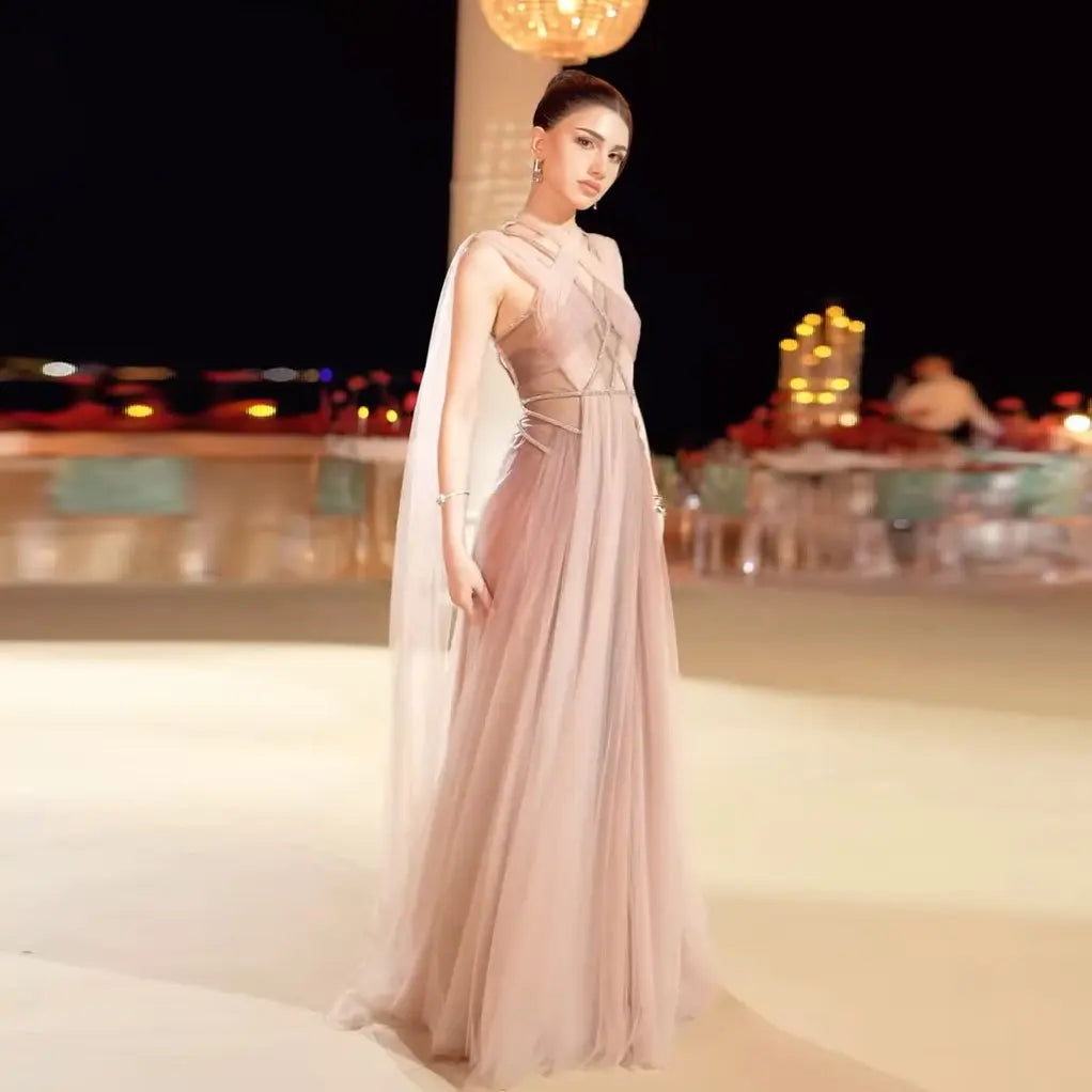 Dreamy Ombre Pink Evening Gown with Flowing Cape SS309