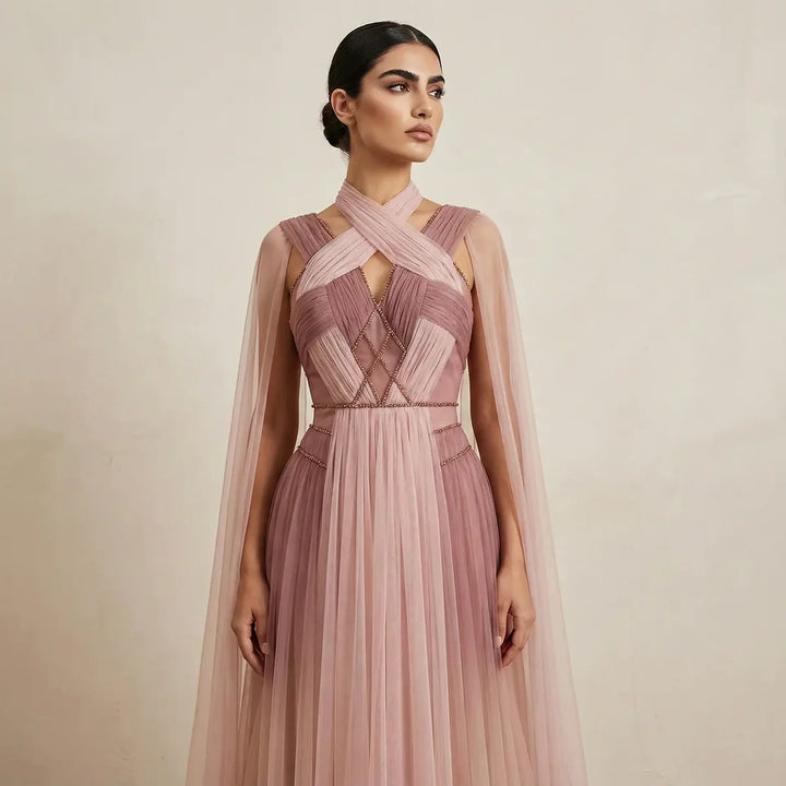 Dreamy Ombre Pink Evening Gown with Flowing Cape SS309