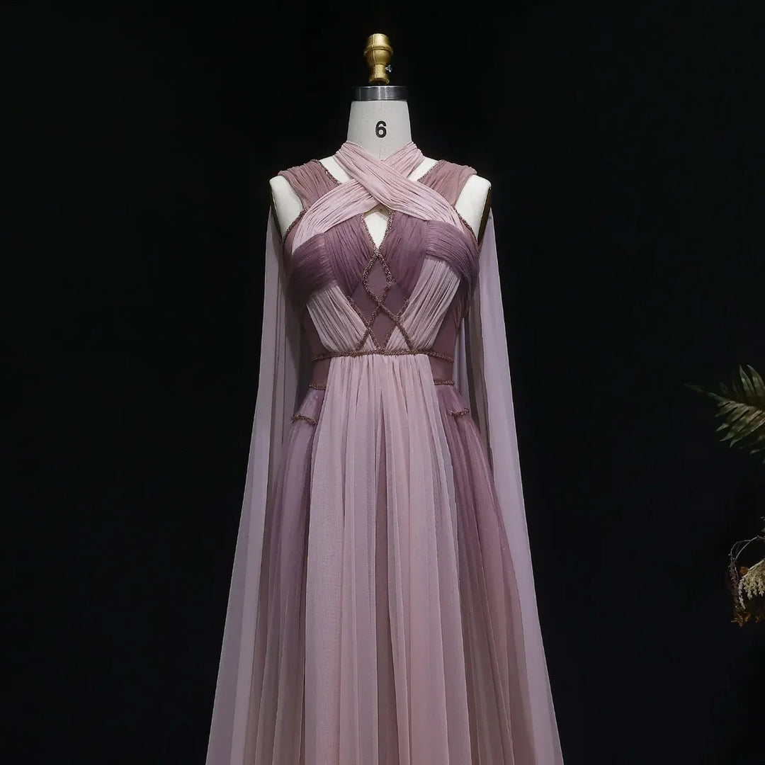 Dreamy Ombre Pink Evening Gown with Flowing Cape SS309