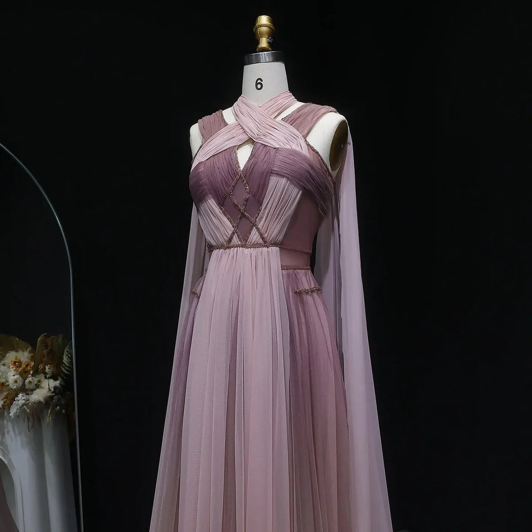 Dreamy Ombre Pink Evening Gown with Flowing Cape SS309