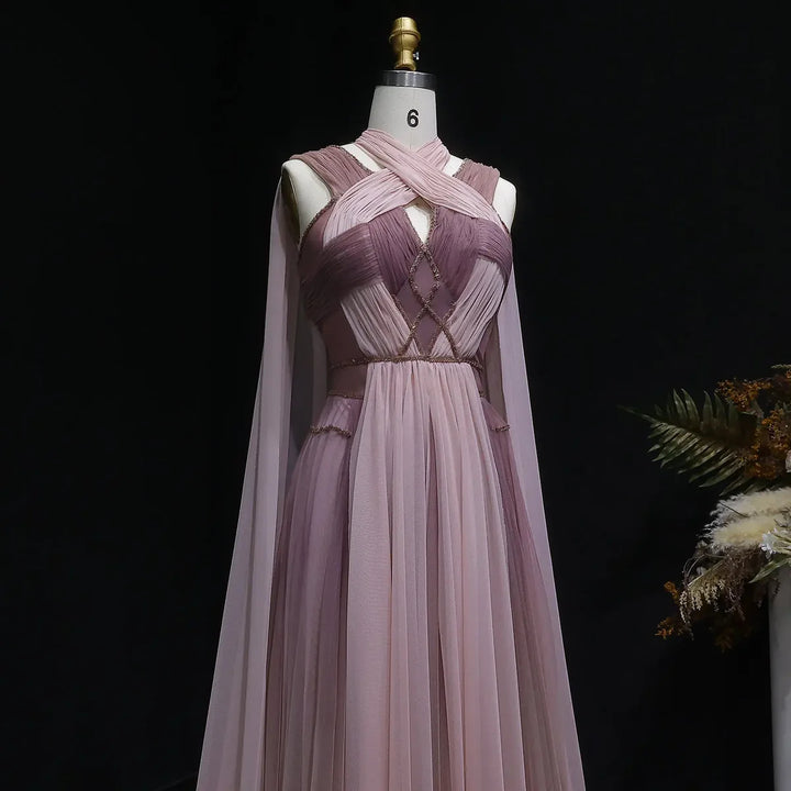 Dreamy Ombre Pink Evening Gown with Flowing Cape SS309