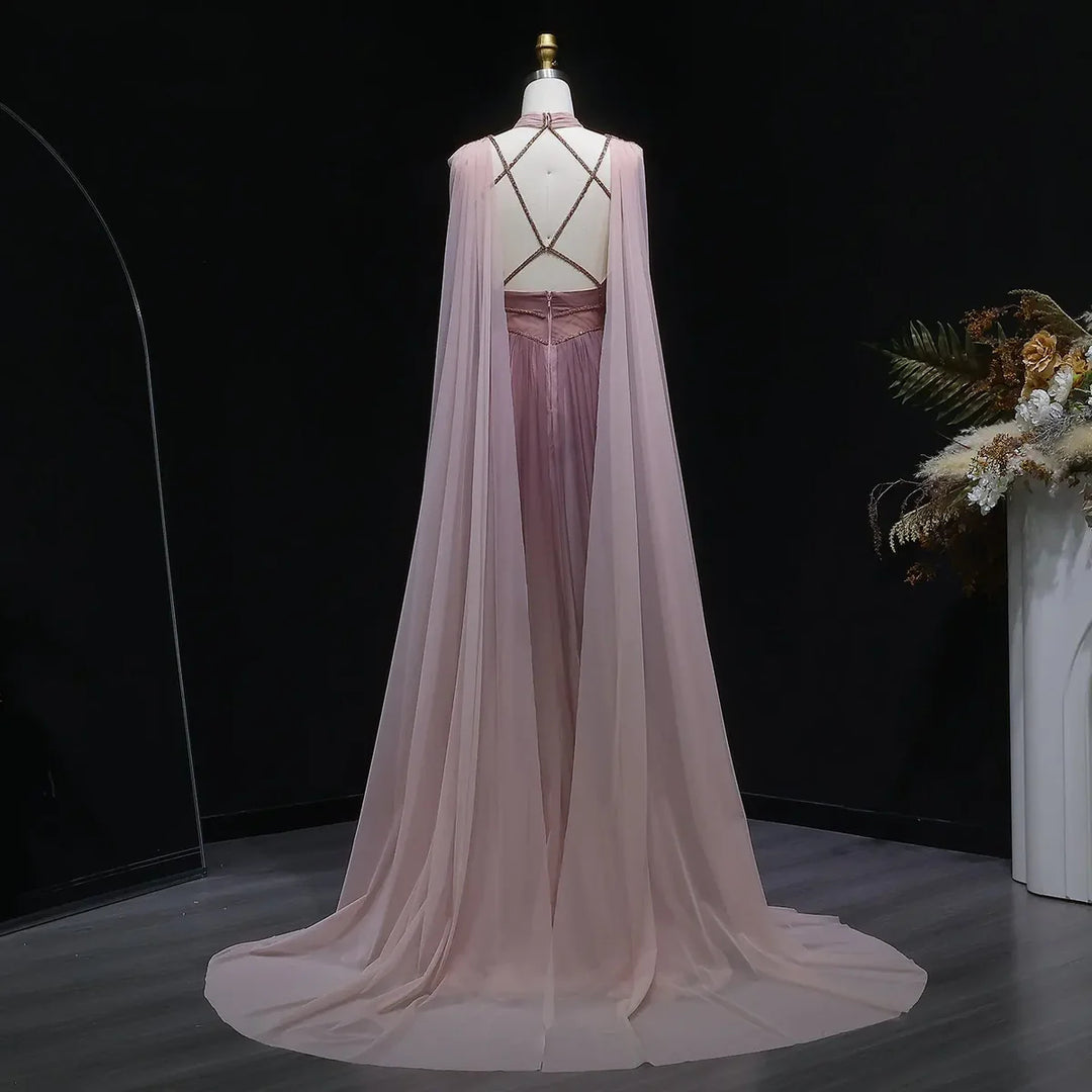 Dreamy Ombre Pink Evening Gown with Flowing Cape SS309
