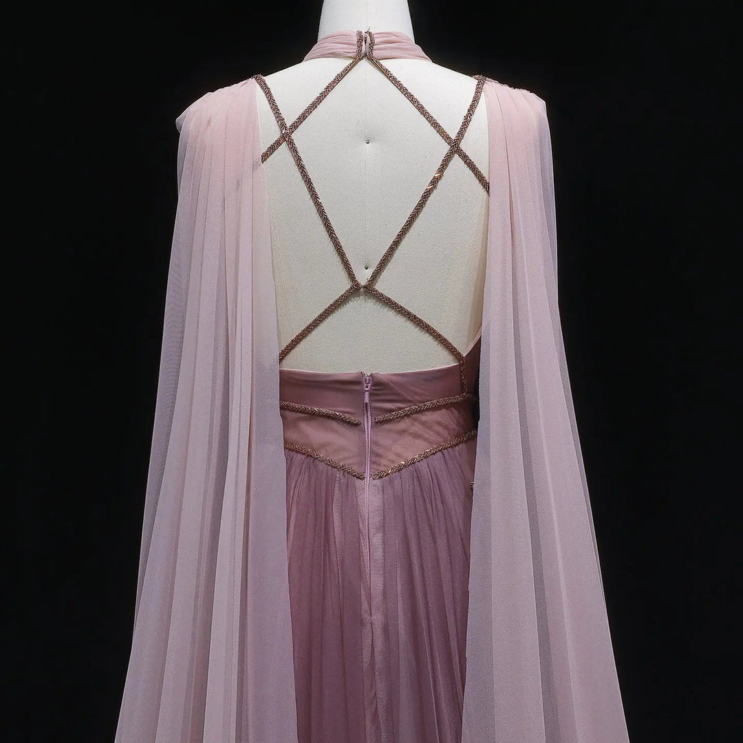 Dreamy Ombre Pink Evening Gown with Flowing Cape SS309
