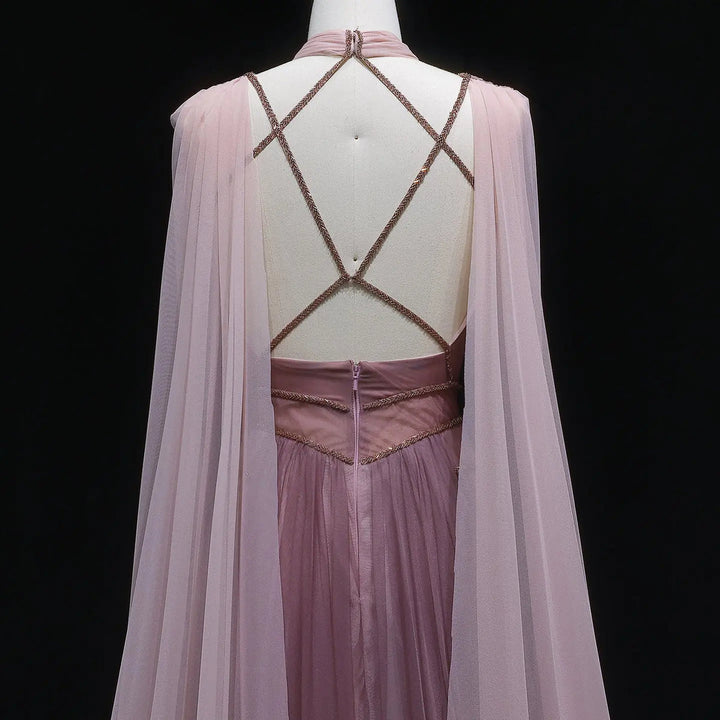 Dreamy Ombre Pink Evening Gown with Flowing Cape SS309