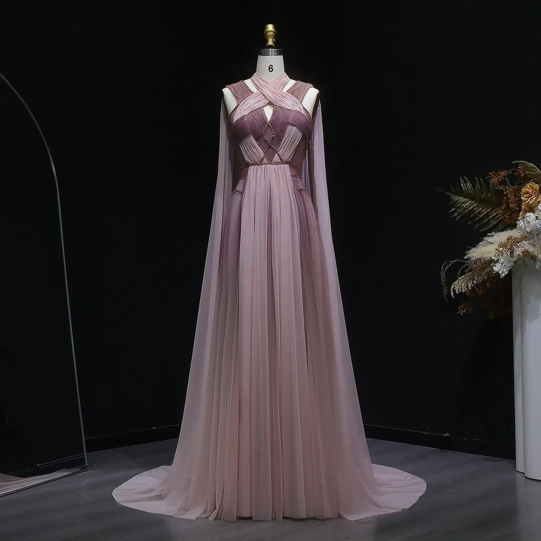 Dreamy Ombre Pink Evening Gown with Flowing Cape SS309