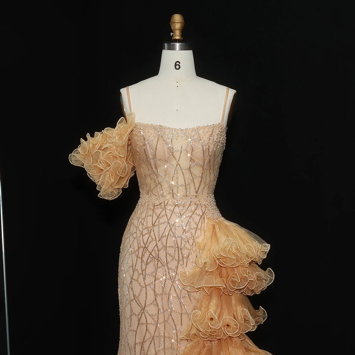 Elegant Gold Evening Dress with Tiered Ruffles SS046