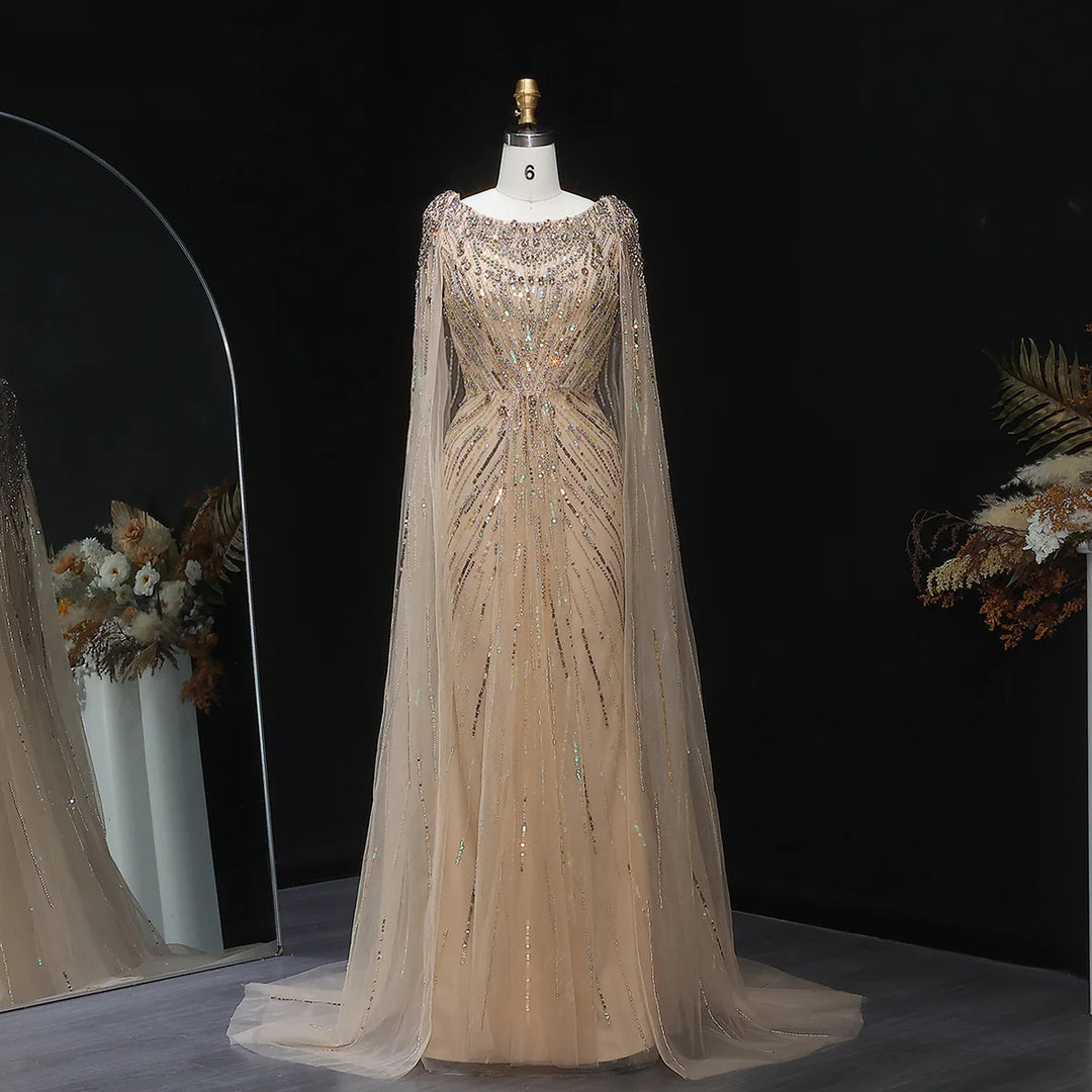 Elegant Lilac Crystal Evening Gown with Flowing Cape Sleeves SS549