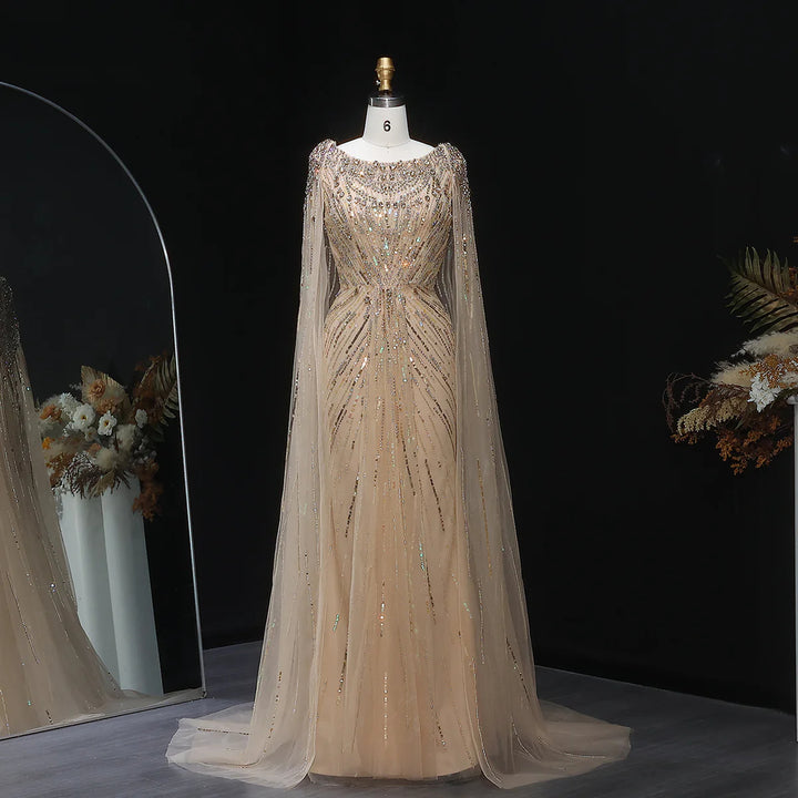 Elegant Lilac Crystal Evening Gown with Flowing Cape Sleeves SS549