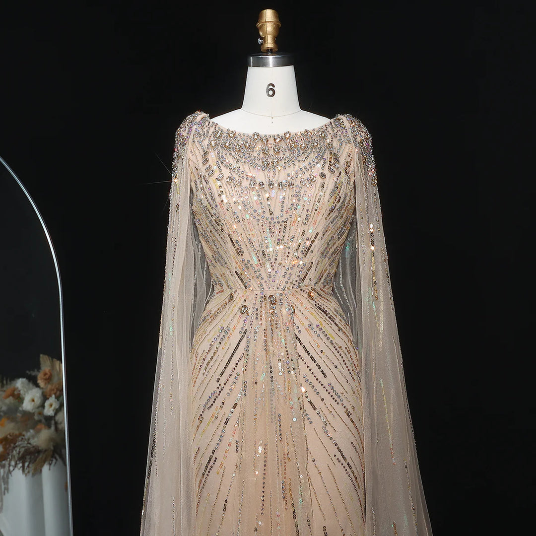 Elegant Lilac Crystal Evening Gown with Flowing Cape Sleeves SS549