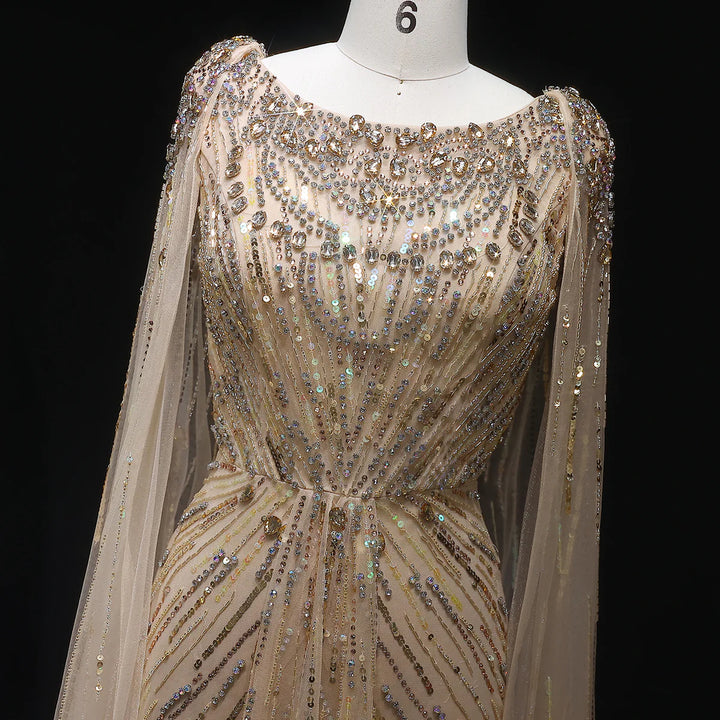 Elegant Lilac Crystal Evening Gown with Flowing Cape Sleeves SS549