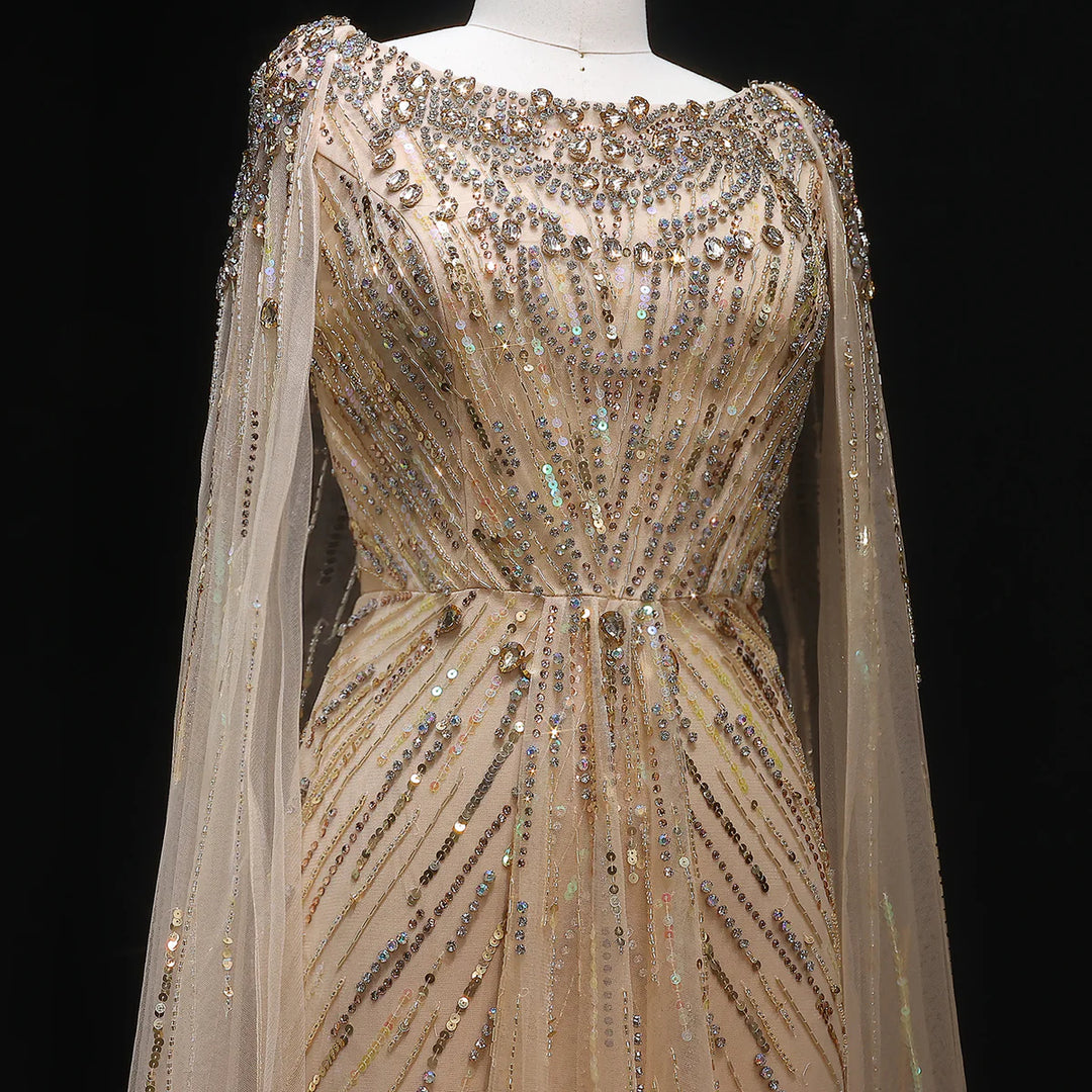 Elegant Lilac Crystal Evening Gown with Flowing Cape Sleeves SS549