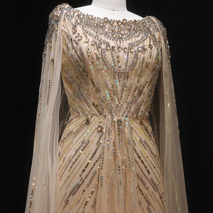 Elegant Lilac Crystal Evening Gown with Flowing Cape Sleeves SS549