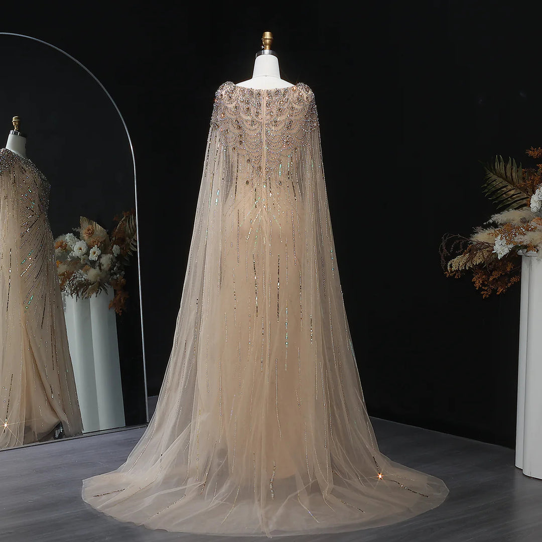 Elegant Lilac Crystal Evening Gown with Flowing Cape Sleeves SS549