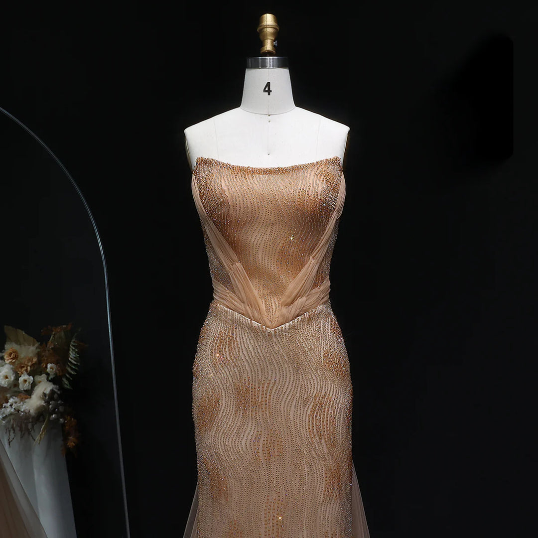 Romantic Pink Mermaid Evening Dress with Sparkling Beads and Overskirt SS023