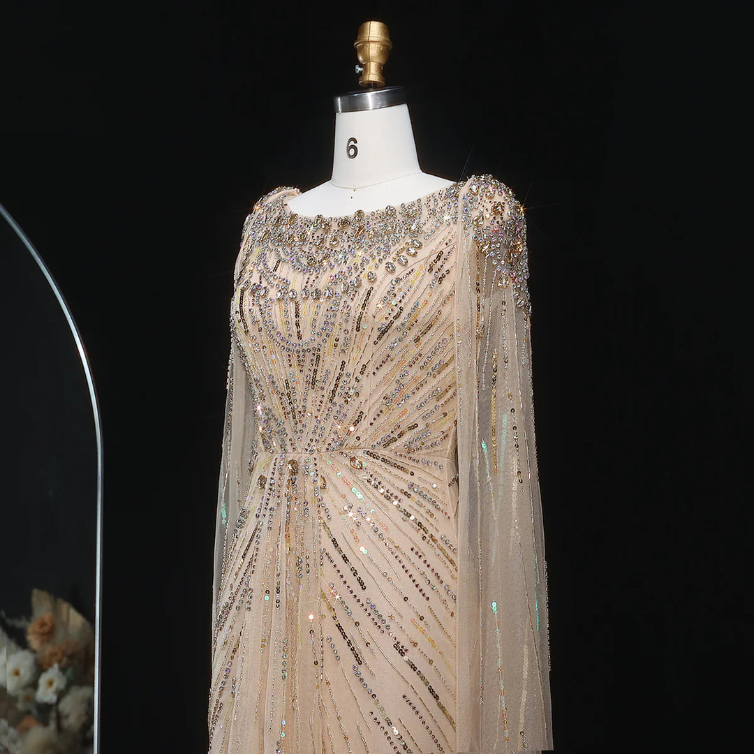 Elegant Lilac Crystal Evening Gown with Flowing Cape Sleeves SS549