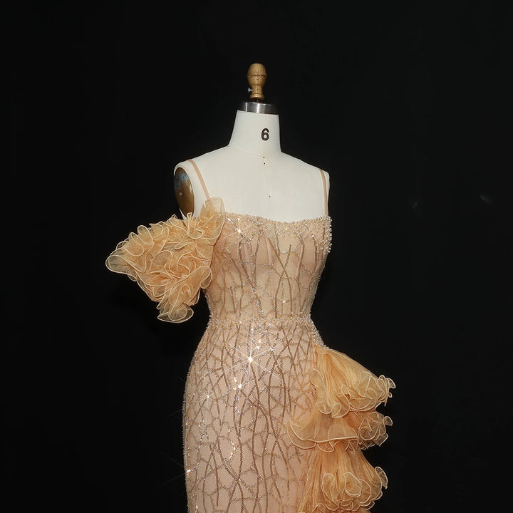 Elegant Gold Evening Dress with Tiered Ruffles SS046