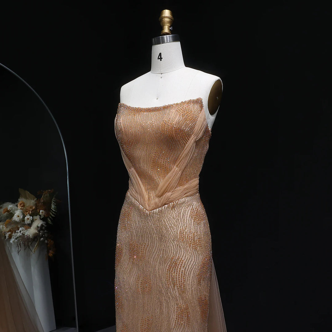 Romantic Pink Mermaid Evening Dress with Sparkling Beads and Overskirt SS023