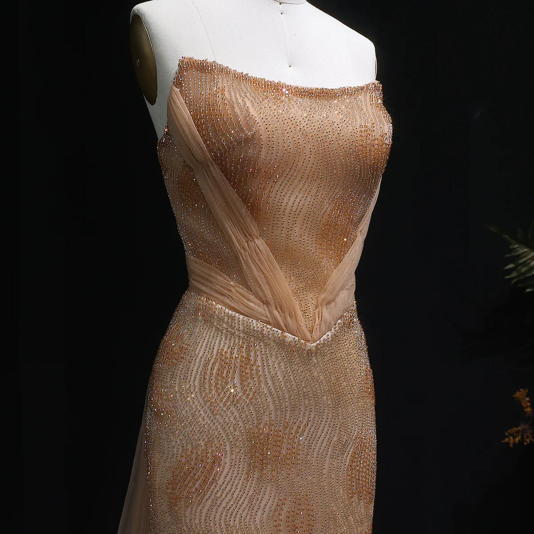 Romantic Pink Mermaid Evening Dress with Sparkling Beads and Overskirt SS023