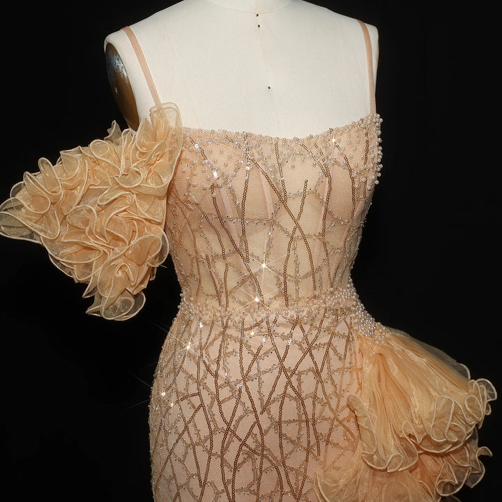 Elegant Gold Evening Dress with Tiered Ruffles SS046