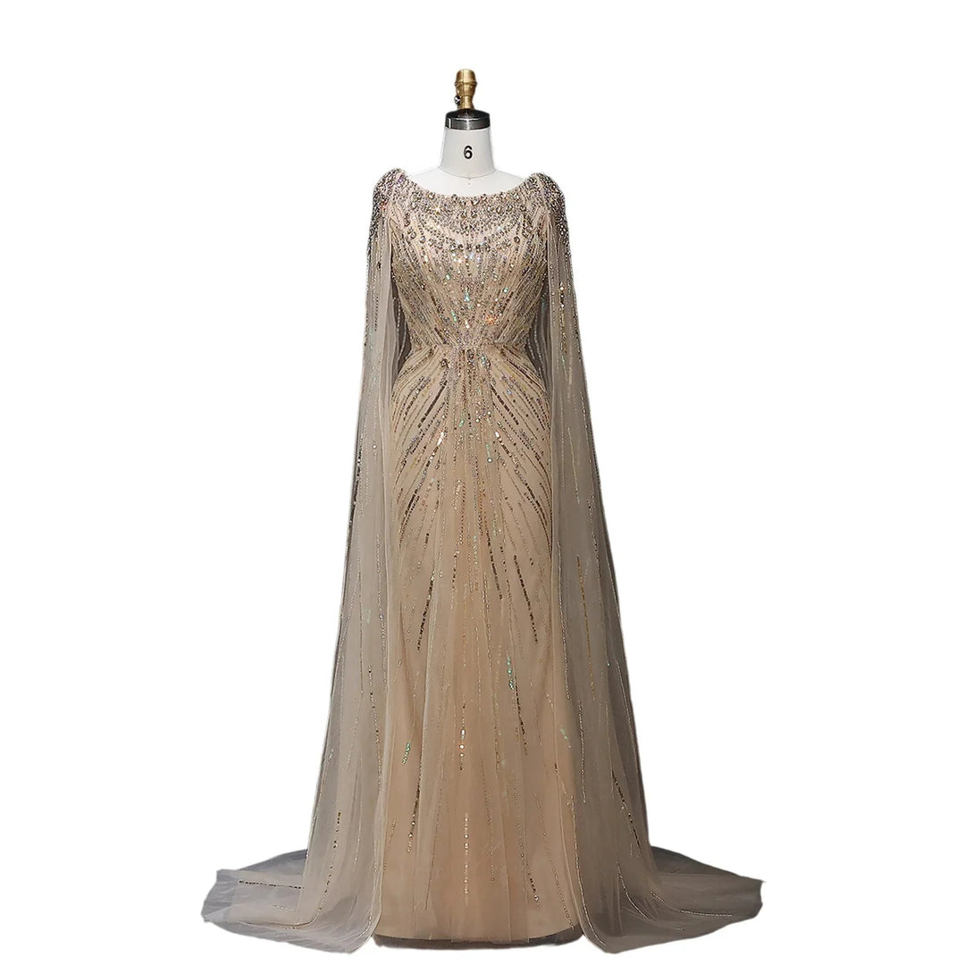 Elegant Lilac Crystal Evening Gown with Flowing Cape Sleeves SS549