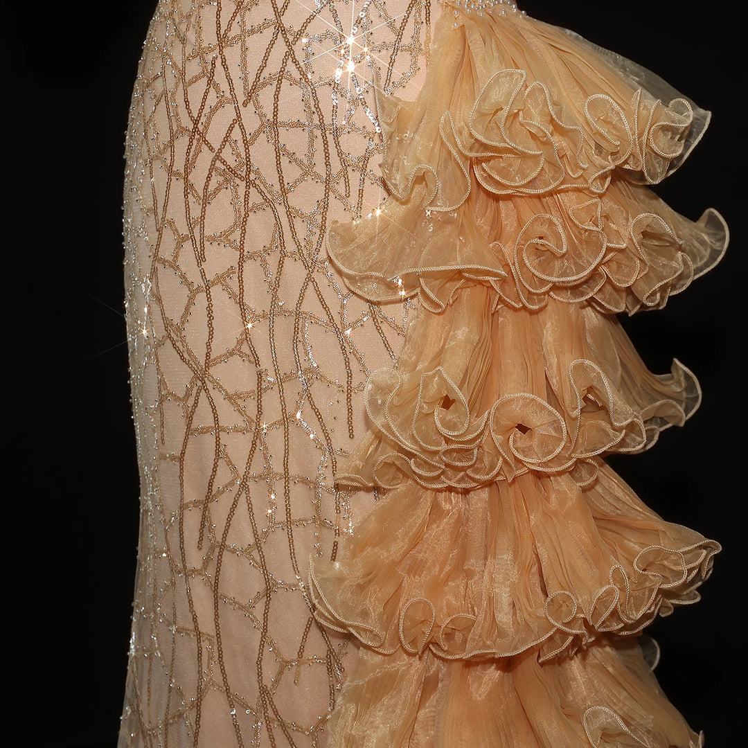Elegant Gold Evening Dress with Tiered Ruffles SS046