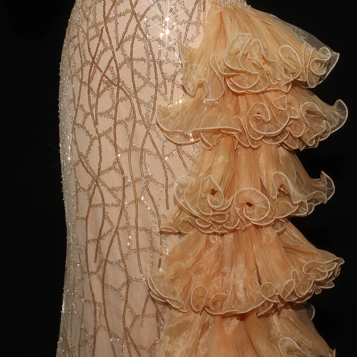 Elegant Gold Evening Dress with Tiered Ruffles SS046