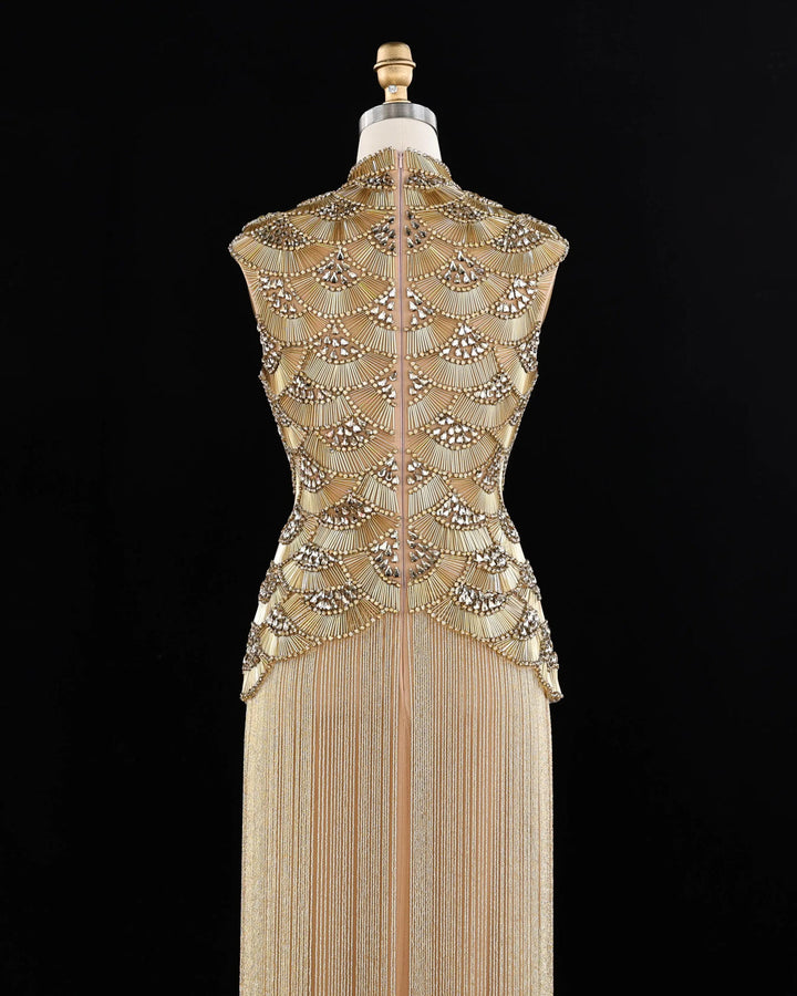 Dreamy Vow High Neck Beaded Fringe Column Evening Gown SS330