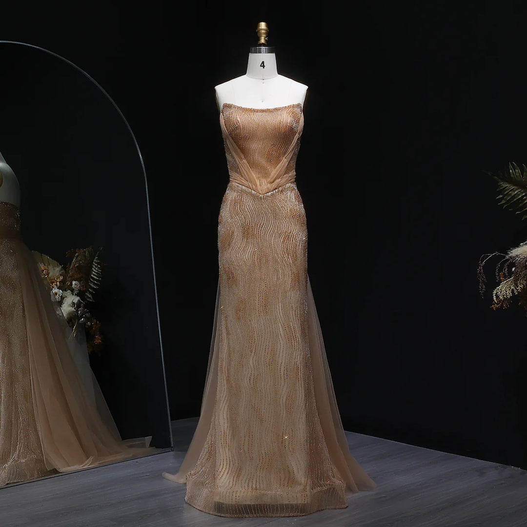 Romantic Pink Mermaid Evening Dress with Sparkling Beads and Overskirt SS023