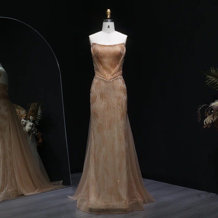 Romantic Pink Mermaid Evening Dress with Sparkling Beads and Overskirt SS023