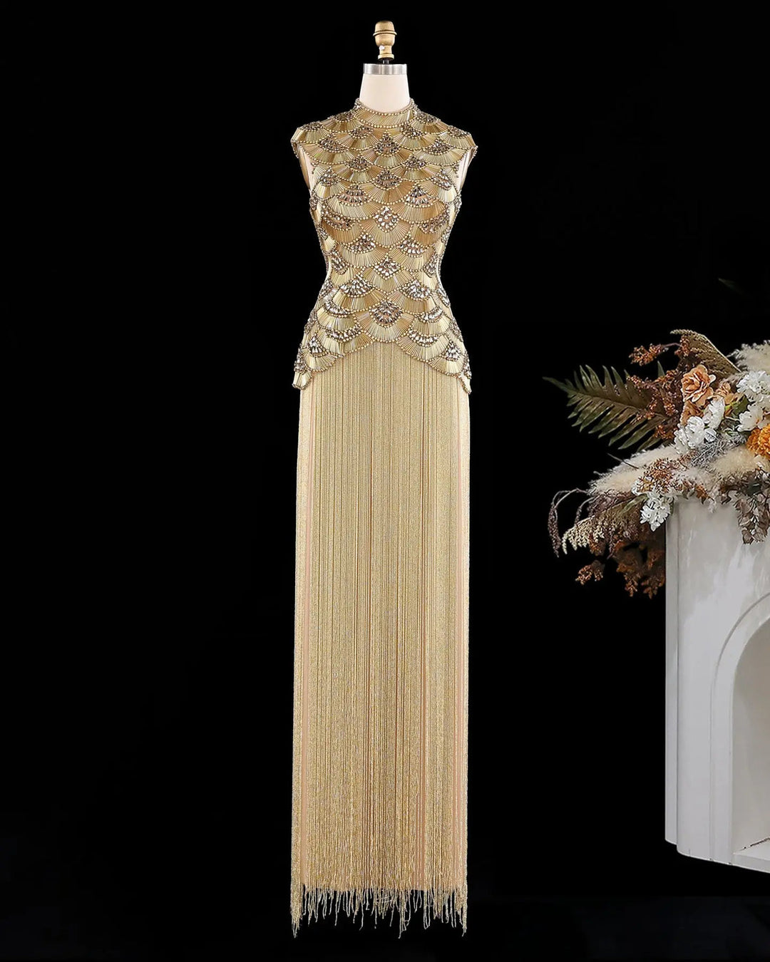 Dreamy Vow High Neck Beaded Fringe Column Evening Gown SS330