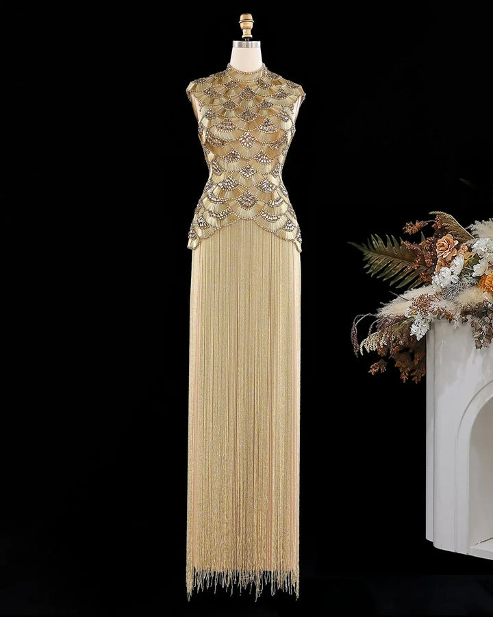 Dreamy Vow High Neck Beaded Fringe Column Evening Gown SS330