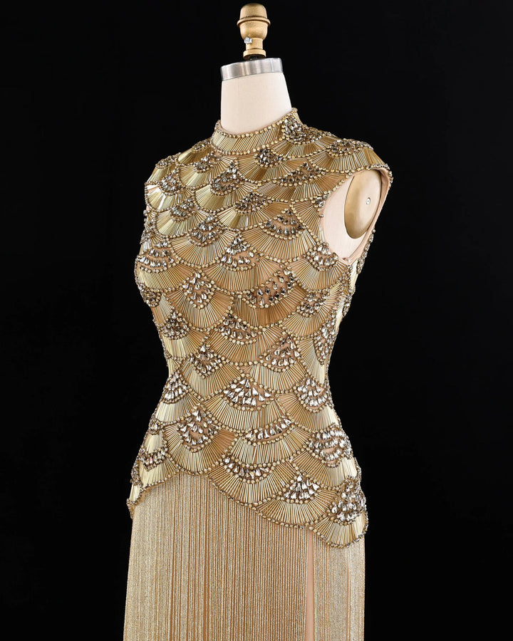 Dreamy Vow High Neck Beaded Fringe Column Evening Gown SS330