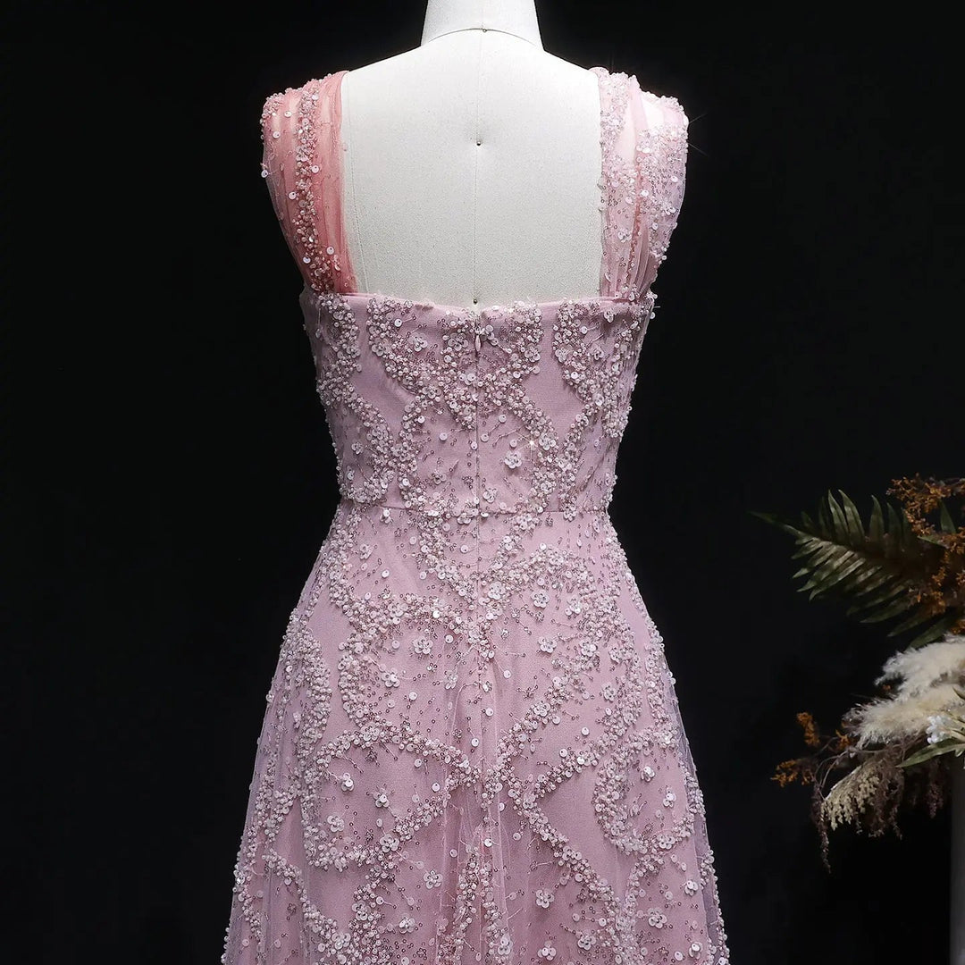 Elegant Gradient Pink Beaded Sequin Halter Prom Dress SS709
