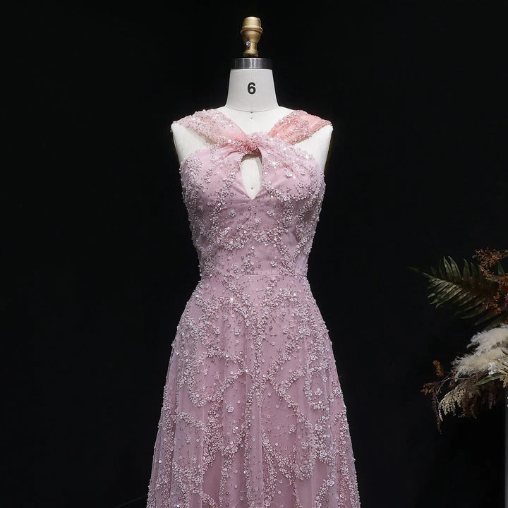 Elegant Gradient Pink Beaded Sequin Halter Prom Dress SS709