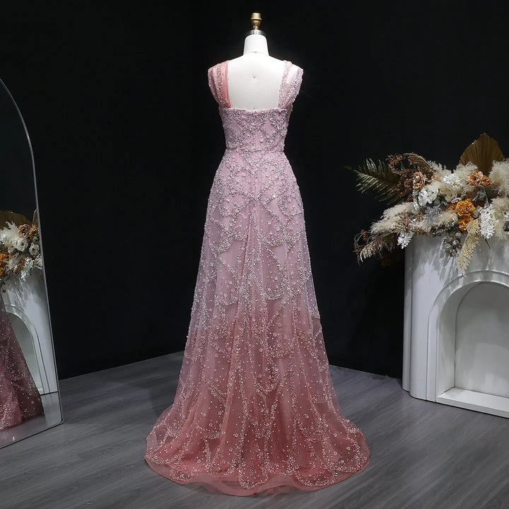 Elegant Gradient Pink Beaded Sequin Halter Prom Dress SS709