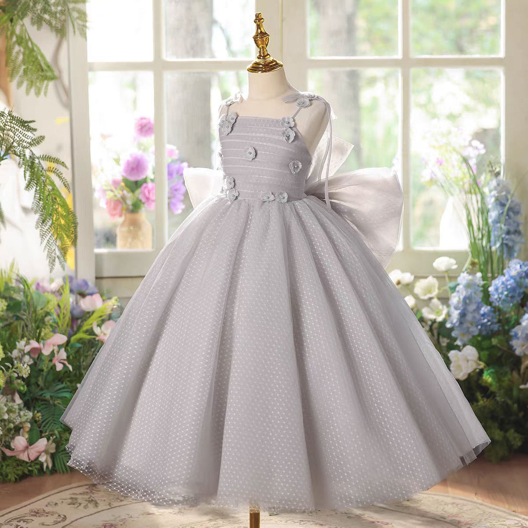 Luxury Lilac Princess Flower Girl Dress with Bow for Birthday Pageant Party D224