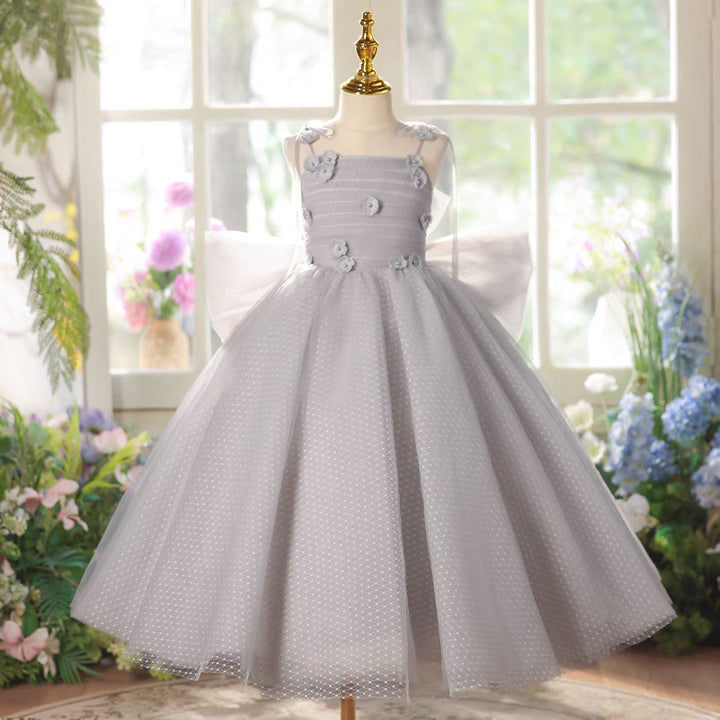 Luxury Lilac Princess Flower Girl Dress with Bow for Birthday Pageant Party D224