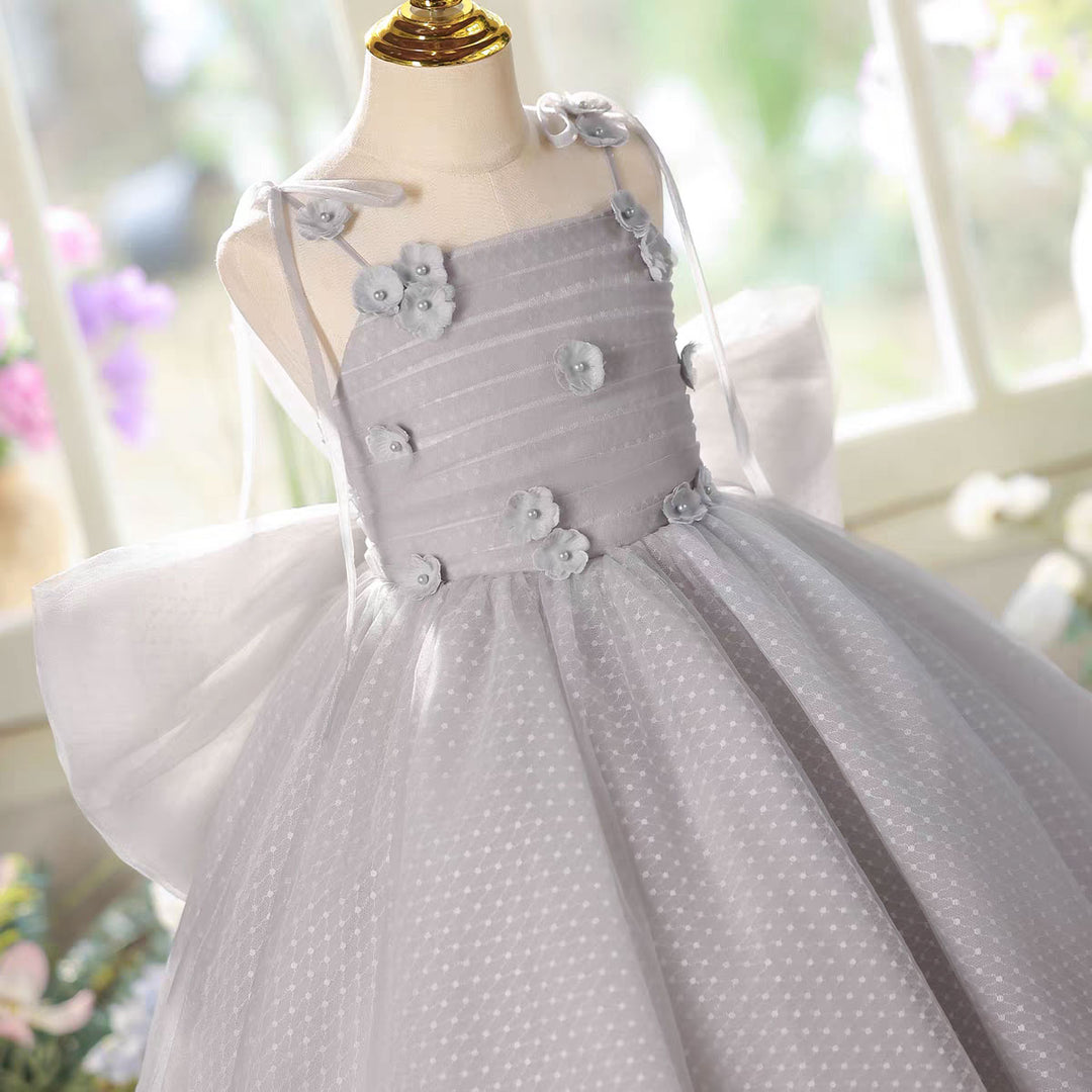 Luxury Lilac Princess Flower Girl Dress with Bow for Birthday Pageant Party D224