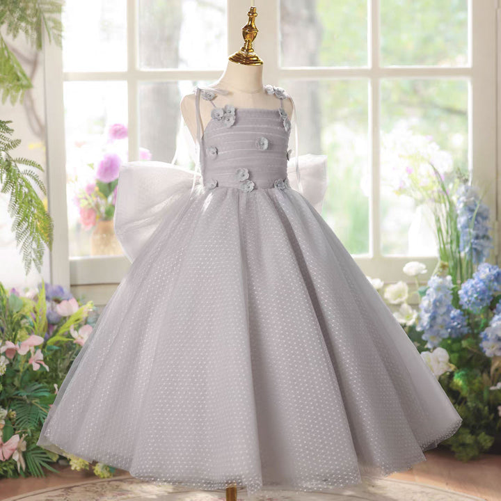 Luxury Lilac Princess Flower Girl Dress with Bow for Birthday Pageant Party D224