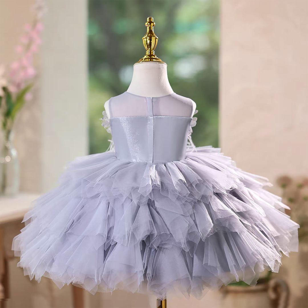 Gray Birthday Gown with Puffy Tulle Ruffles Flower Girl Dress J575