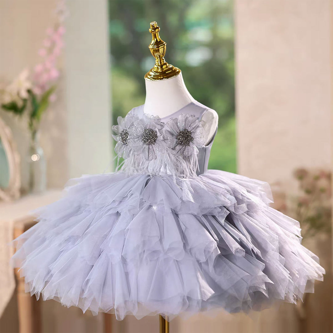 Gray Birthday Gown with Puffy Tulle Ruffles Flower Girl Dress J575