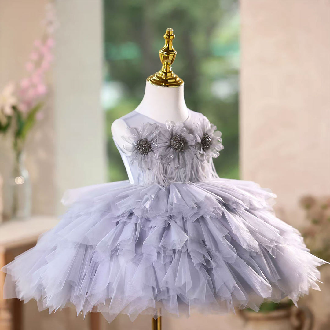 Gray Birthday Gown with Puffy Tulle Ruffles Flower Girl Dress J575