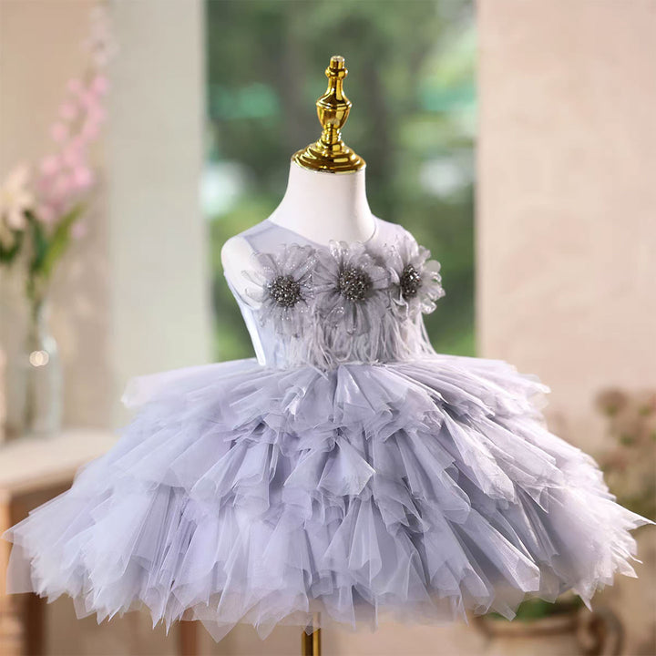 Gray Birthday Gown with Puffy Tulle Ruffles Flower Girl Dress J575