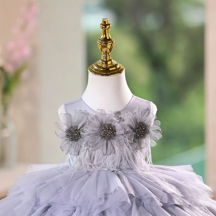 Gray Birthday Gown with Puffy Tulle Ruffles Flower Girl Dress J575