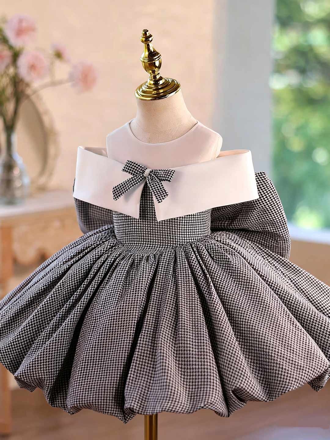 Gray Houndstooth Bow Short Flower Girl Dress D004