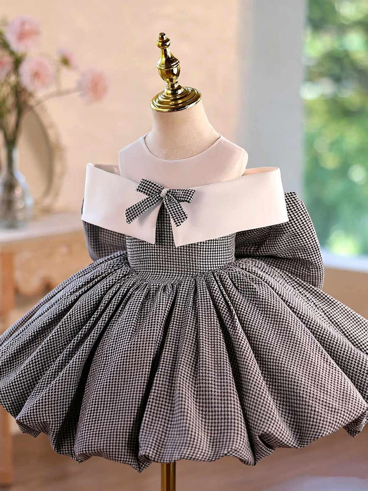 Gray Houndstooth Bow Short Flower Girl Dress D004