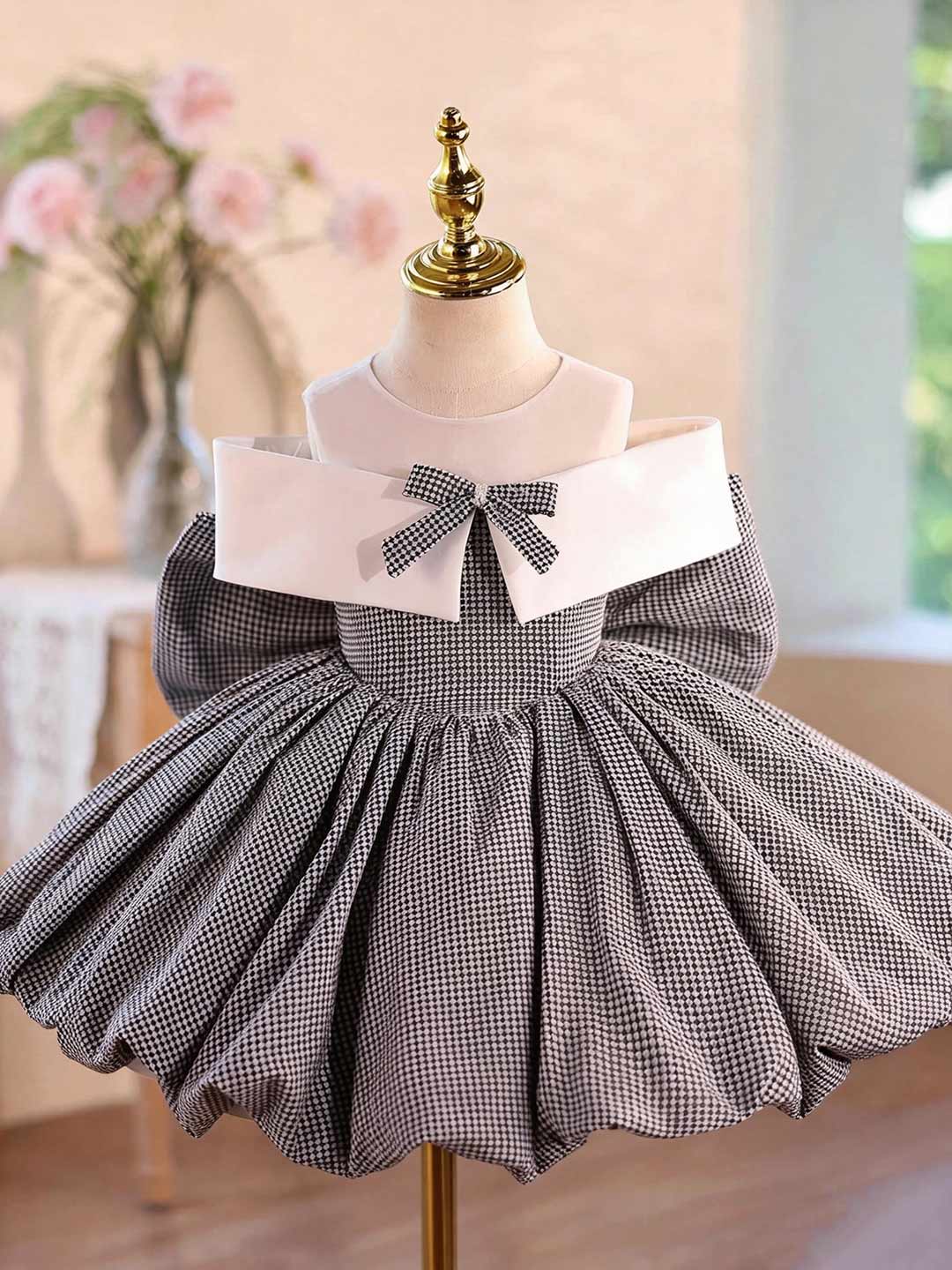Gray Houndstooth Bow Short Flower Girl Dress D004