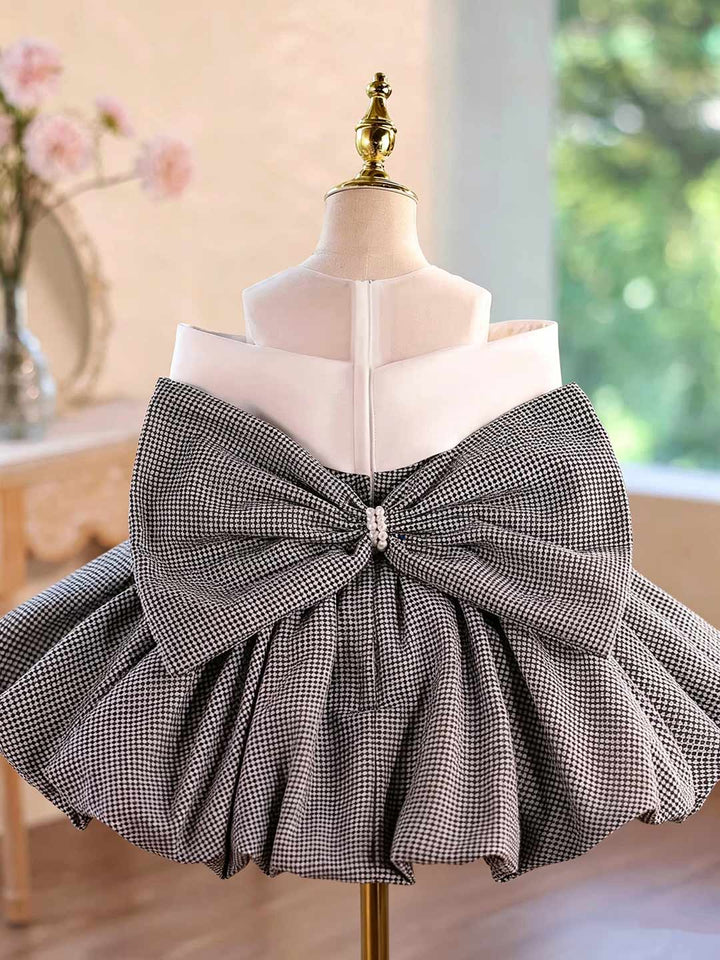 Gray Houndstooth Bow Short Flower Girl Dress D004